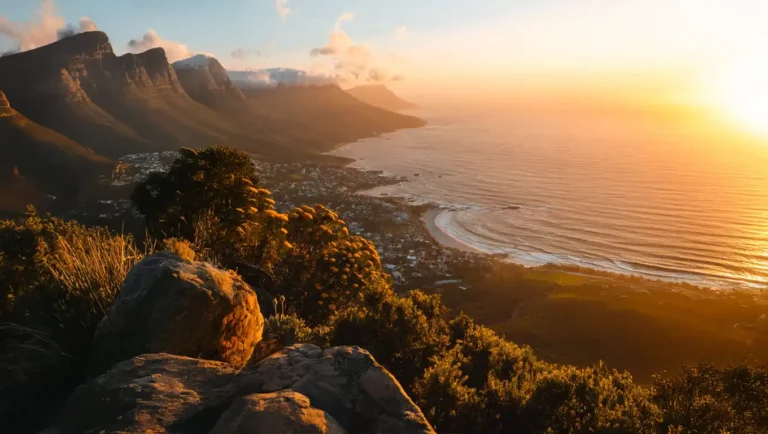 A stunning sunset view from a mountaintop, overlooking a coastal town and the ocean.