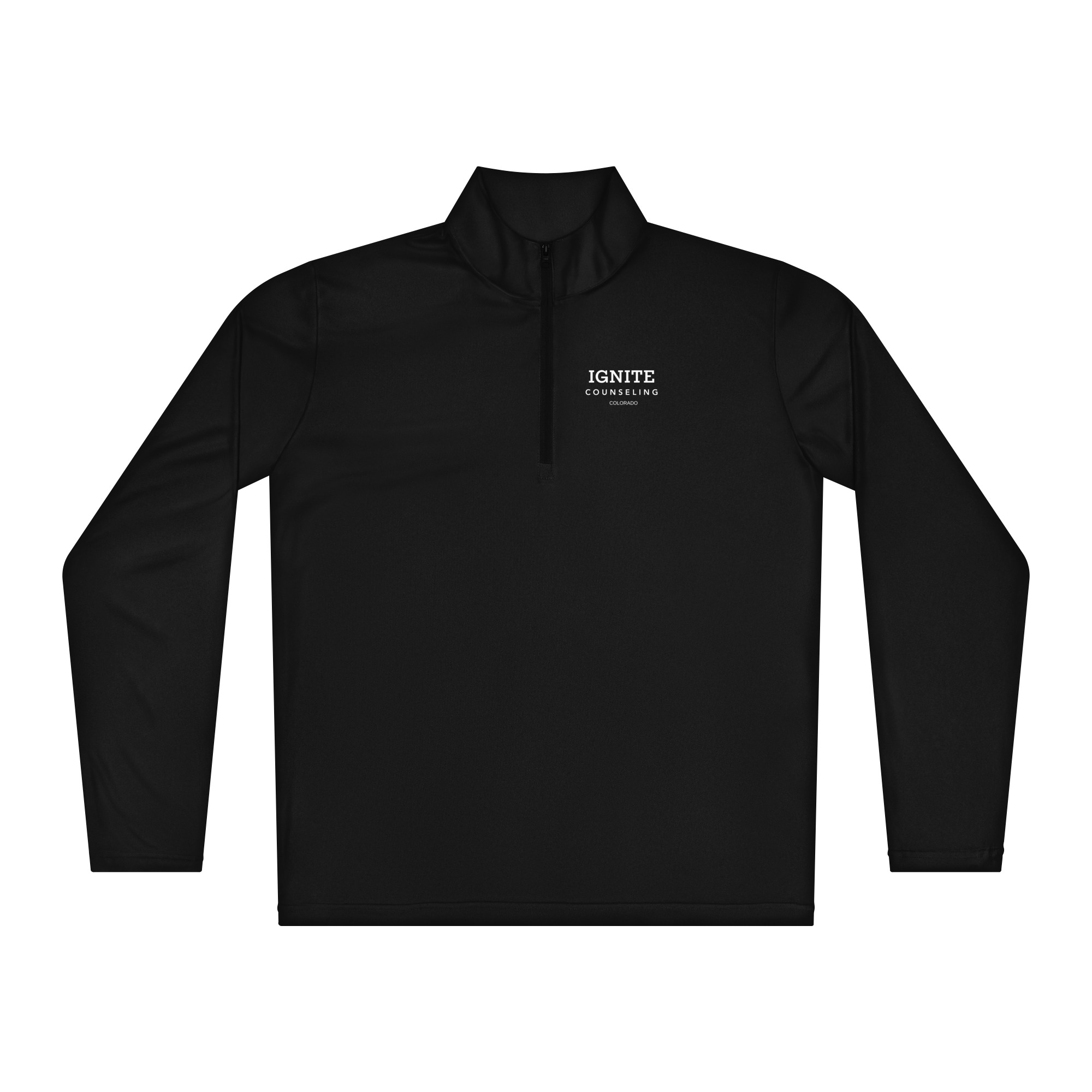 Front view of a black quarter-zip pullover featuring the white Ignite Counseling Colorado logo.