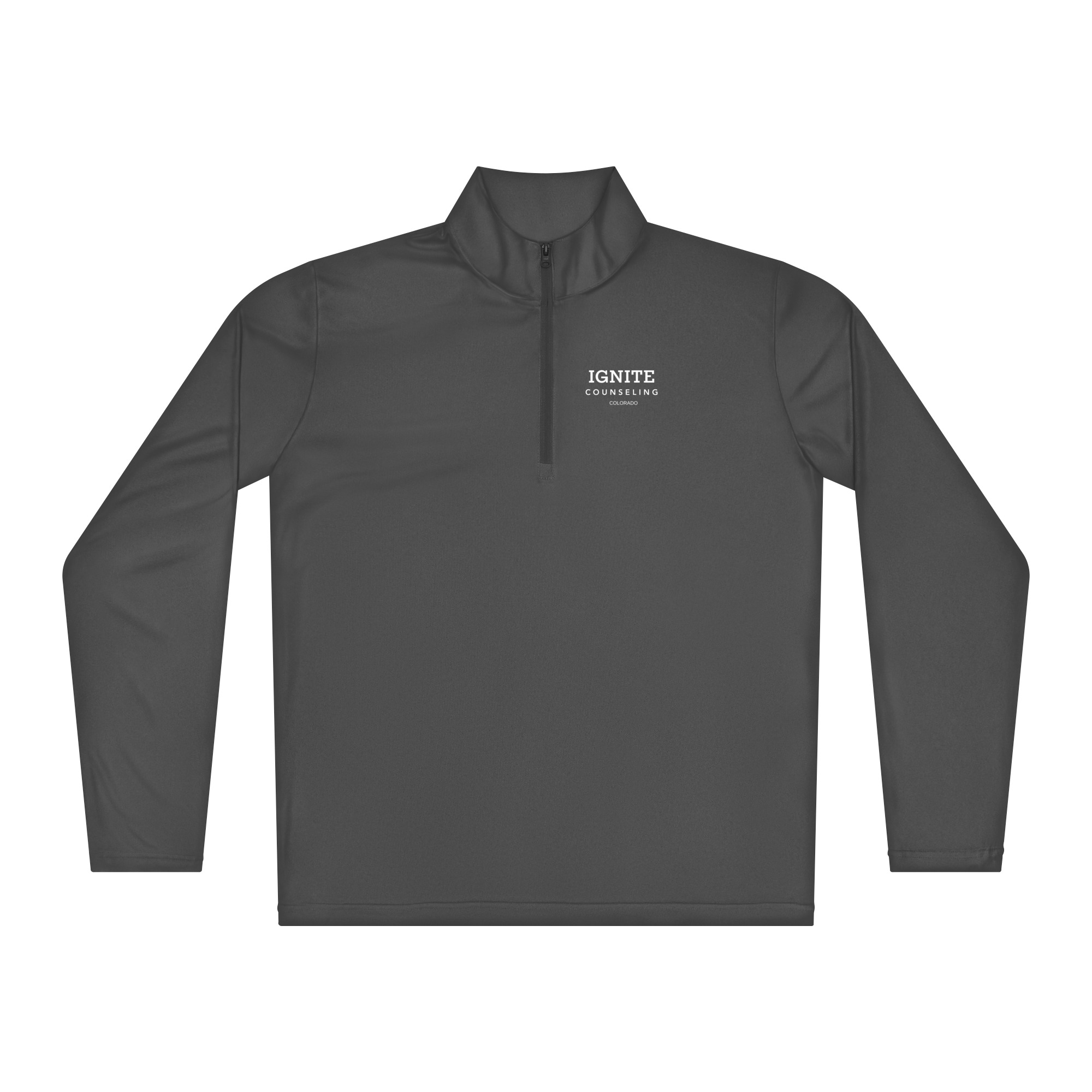 Front view of a grey quarter-zip pullover featuring the white Ignite Counseling Colorado logo.