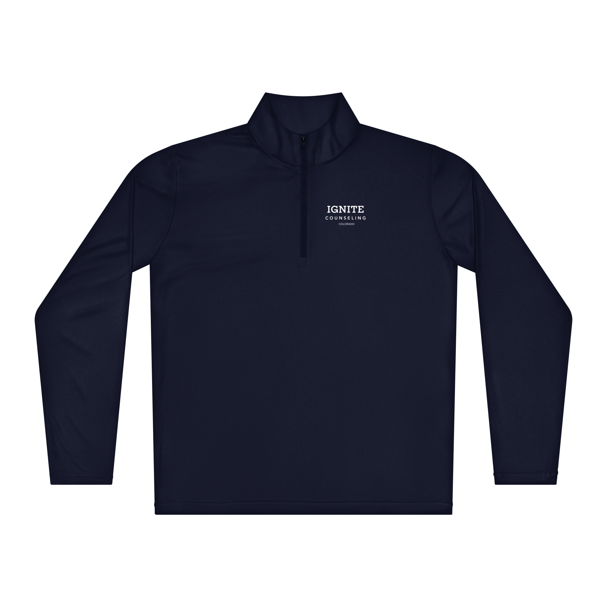 Front view of a navy quarter-zip pullover featuring the white Ignite Counseling Colorado logo.