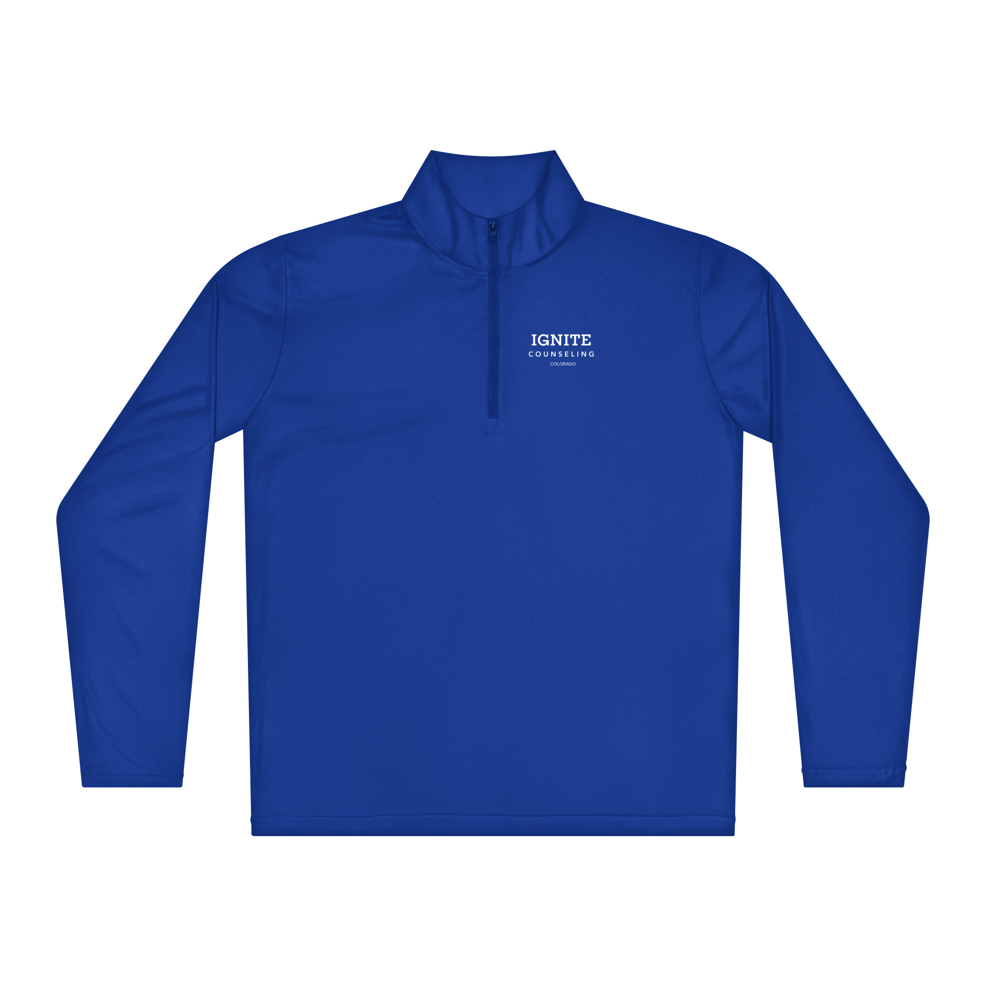 Front view of a royal blue quarter-zip pullover featuring the white Ignite Counseling Colorado logo.
