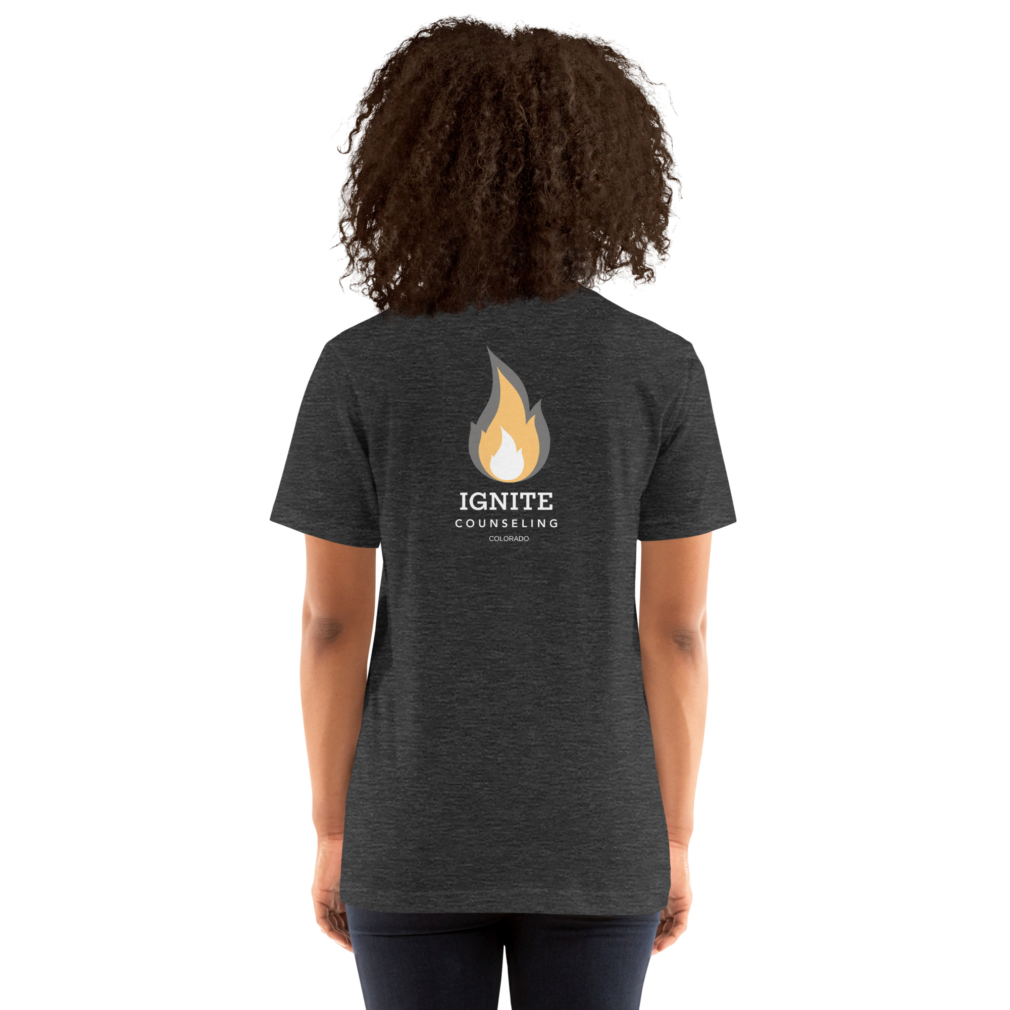 Back view of a heather dark grey t-shirt featuring the Ignite Counseling Colorado flame logo.