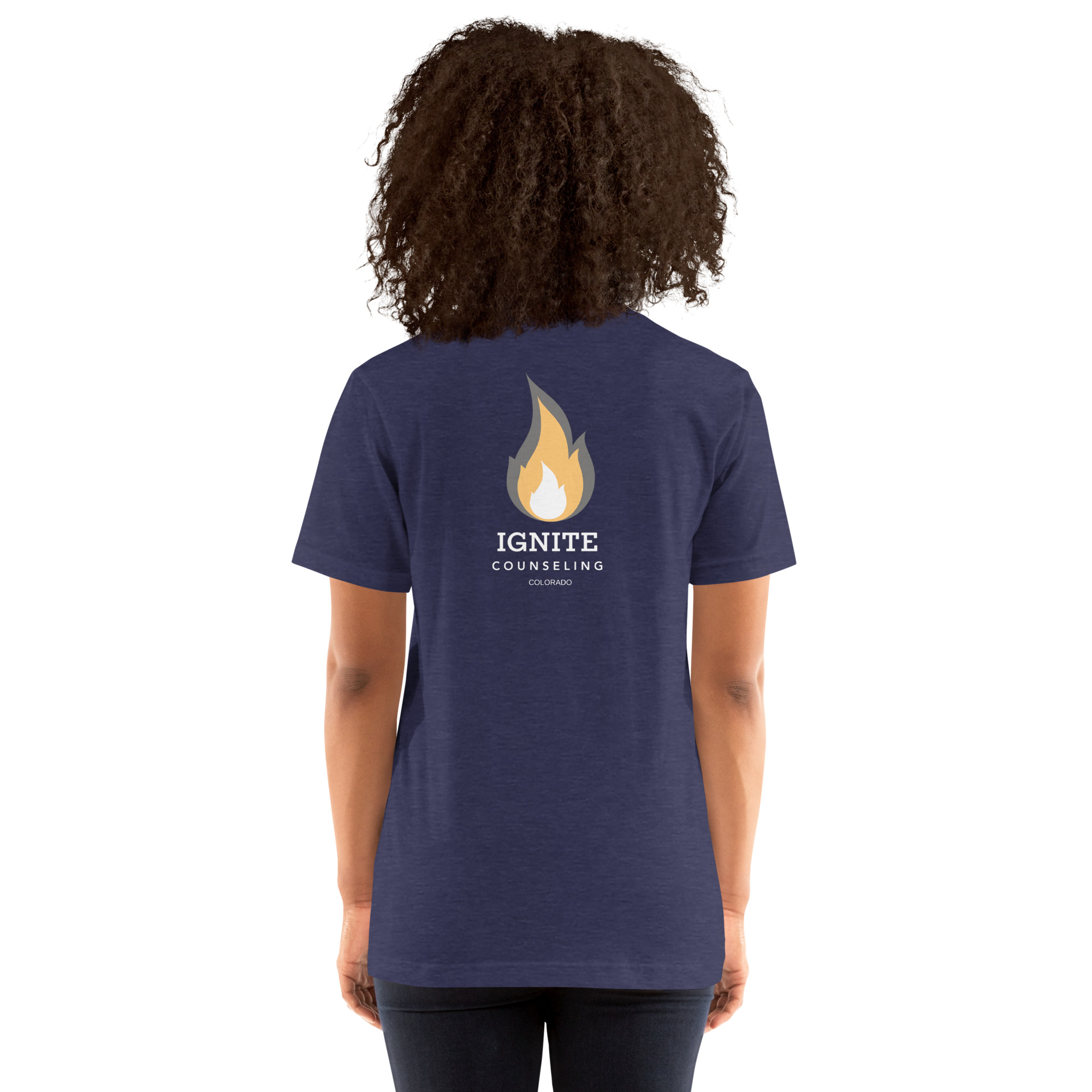 Back view of a heather navy t-shirt featuring the Ignite Counseling Colorado flame logo.