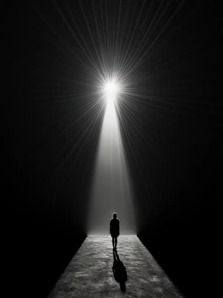 A lone person stands on a path leading towards a bright, star-like light in a dark space, representing hope or a new direction.