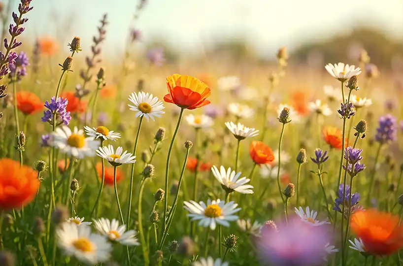 Sunlit meadow of blooming wildflowers symbolizing hope and personal growth.