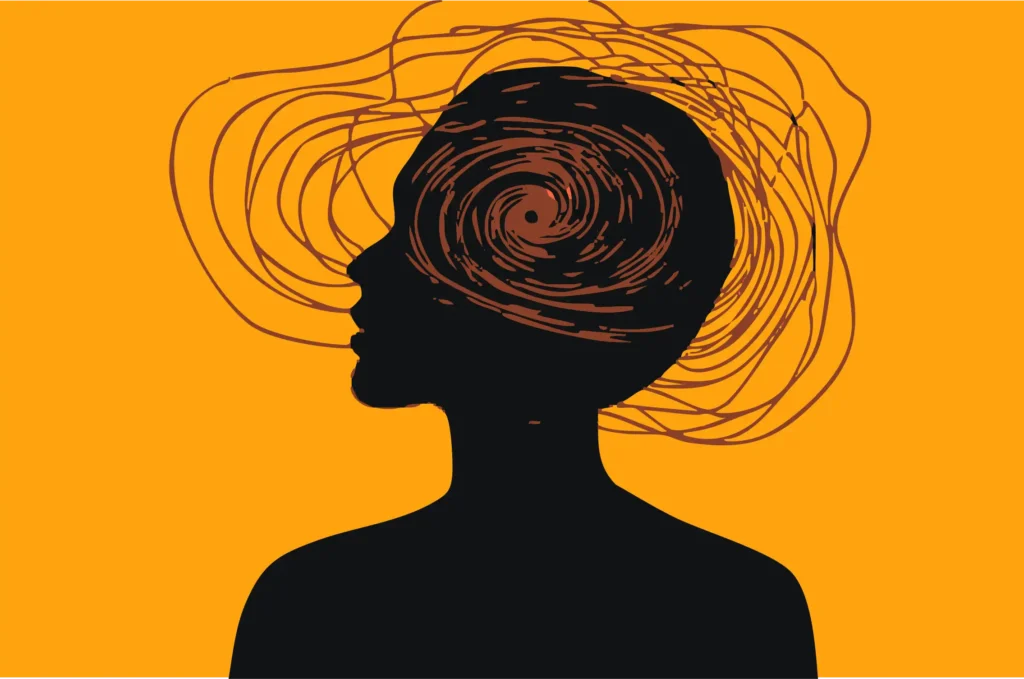 Graphic illustration of a head silhouette with swirling lines representing anxiety and racing thoughts.