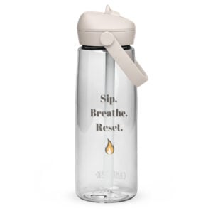 Clear CamelBak water bottle featuring the mindfulness reminder 'Sip. Breathe. Reset.' and a flame logo.