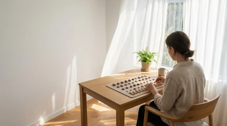 A woman practicing fine motor skill exercises by meticulously arranging small stones and wooden pegs on a board.